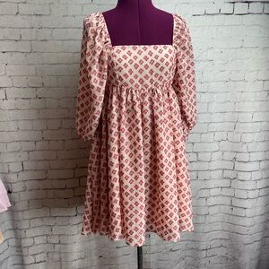 Storia size small square neck babydoll dress with puff sleeves pink print
